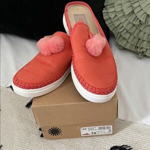 UGG Orange Mules with Pink Pom Poms